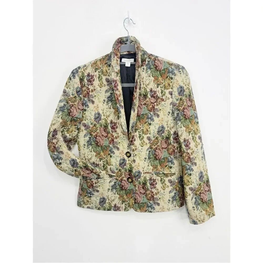 Garnet Hill Dark Cream Floral Tapestry Double Button Old World Blazer Jacket